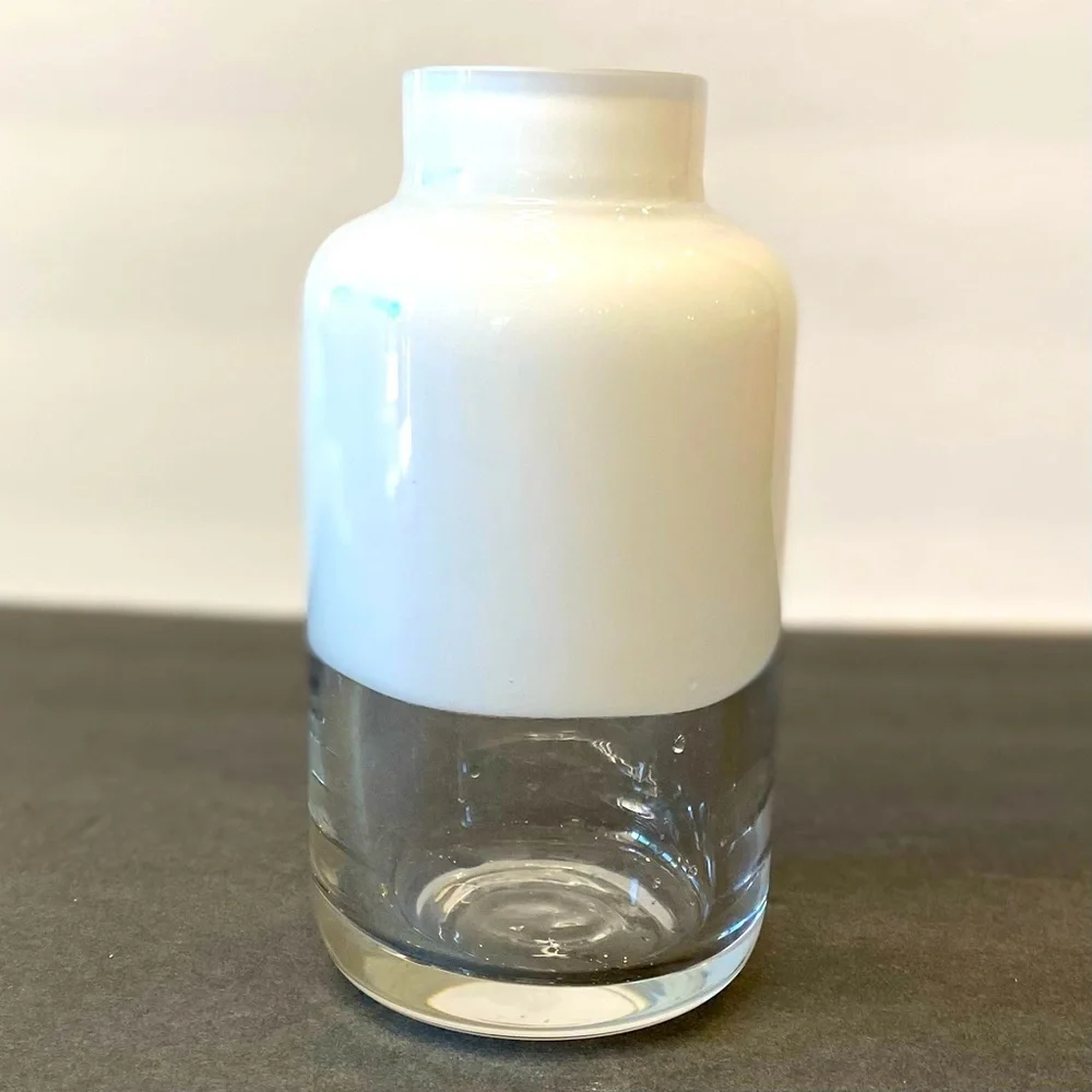 Opaque White Clear Fused Glass 5.5” Vase Thick Leaded Two Tone Color Blo…